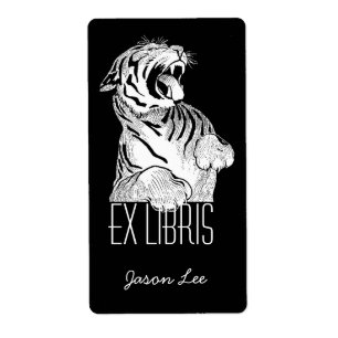 蔵書票exリビスホワイトタイガー大きな猫オンブラック ラベル