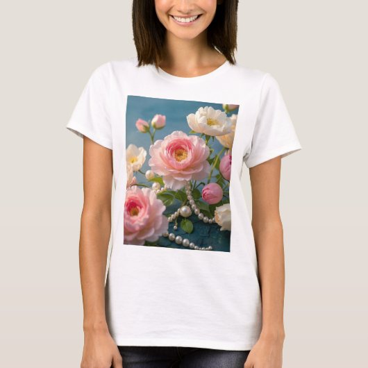 薄いエレガントピンクの赤面の真珠の花 Tシャツ (正面)