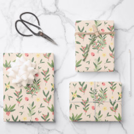 薄いオレンジ、緑、サケオリーブの枝柄 ラッピングペーパーシート