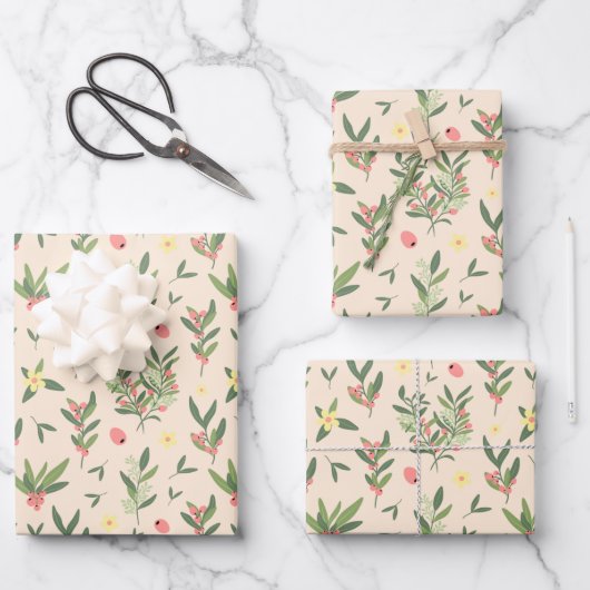 薄いオレンジ、緑、サケオリーブの枝柄 ラッピングペーパーシート (正面)