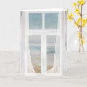 薄いカーテンおよびオーシャンビューの窓 カード (黄色い花)