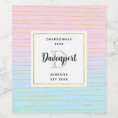 薄いグラデーション金ゴールドライン付きピンクブルー ワインラベル (シングルラベル)