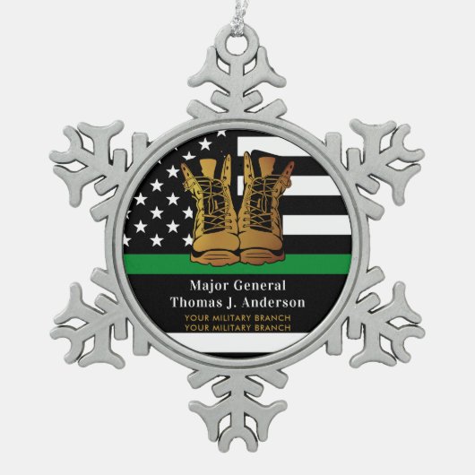 薄いグリーンライン軍パーソナライズされたブーツ軍隊 スノーフレークピューターオーナメント (正面)