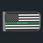 薄いグリーンライン軍隊フラグ名前をカスタムする ガンメタルマネークリップ<br><div class="desc">このマネークリップは、軍隊、公園のレンジャー、保護将校、パトロールを称え縁ど、黒と白の薄い緑のラインのアメリカの旗とパーソナライズするための名前を備えている。</div>