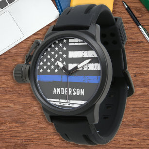 薄いパーソナライズされたブルーラインアメリカ国旗の警察 腕時計