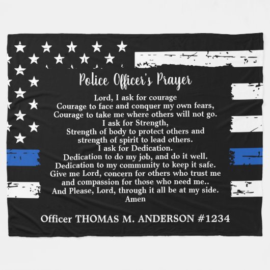薄いパーソナライズされたブルーライン警察官祈りの言葉 フリースブランケット (正面(横))