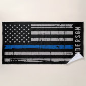 薄いパーソナライズされたブルーライン警察 ビーチタオル (正面)