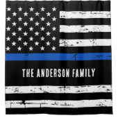 薄いパーソナライズされた青い線の警察旗 シャワーカーテン (正面)