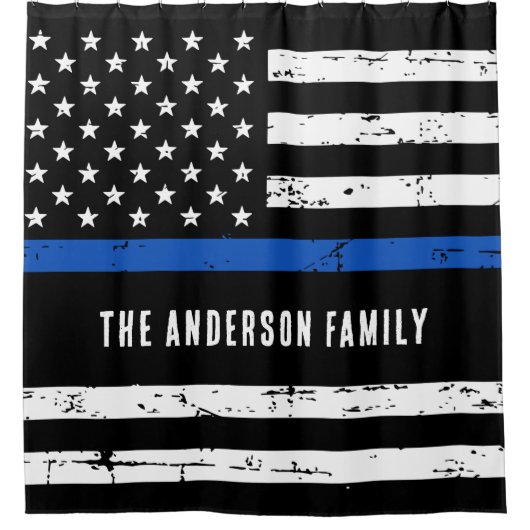 薄いパーソナライズされた青い線の警察旗 シャワーカーテン (正面)