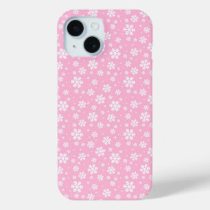 薄いピンクの冬の模様の上の白い雪の結晶 iPhone 15ケース