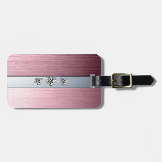 薄いピンクの銀色の背景にダイヤモンドハート ラゲッジタグ (正面横)