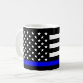 薄いブルーラインアメリカ国旗の白黒 コーヒーマグカップ (正面左)