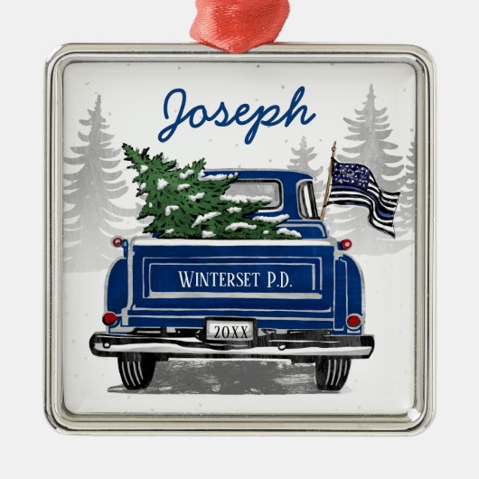 薄いブルーラインフラグヴィンテージブルートラックホリデー メタルオーナメント (正面)