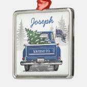 薄いブルーラインフラグヴィンテージブルートラックホリデー メタルオーナメント (左)