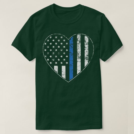 薄いブルーライン動揺してアメリカ国旗のハート Tシャツ (デザイン正面)