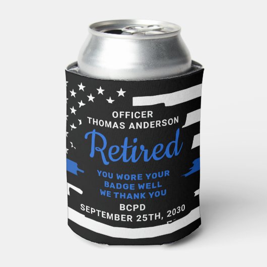 薄いブルーライン応援とビール警察の退職 缶クーラー (缶正面)