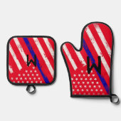 薄いブルーライン米国のフラグ退職シェフ愛国心 鍋つかみ&鍋敷きセット (正面)