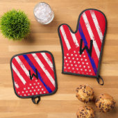 薄いブルーライン米国のフラグ退職シェフ愛国心 鍋つかみ&鍋敷きセット (トップダウン)