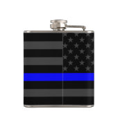 薄いブルーライン米国の旗パーソナライズなあなたの文字 フラスク (裏面)