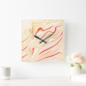 薄いベージュのトーン、赤いピンクのカーブを持つ波状の布 スクエア壁時計 (ホーム)