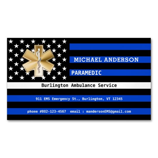薄いホワイトラインフラグカスタム救急医療隊員EMSロゴ マグネット名刺 (正面)