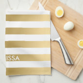 薄いモダン黄色の金ゴールドと白のストライプパターン キッチンタオル (四つ折り)