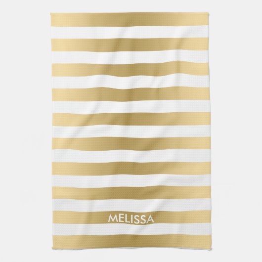 薄いモダン黄色の金ゴールドと白のストライプパターン キッチンタオル (縦)