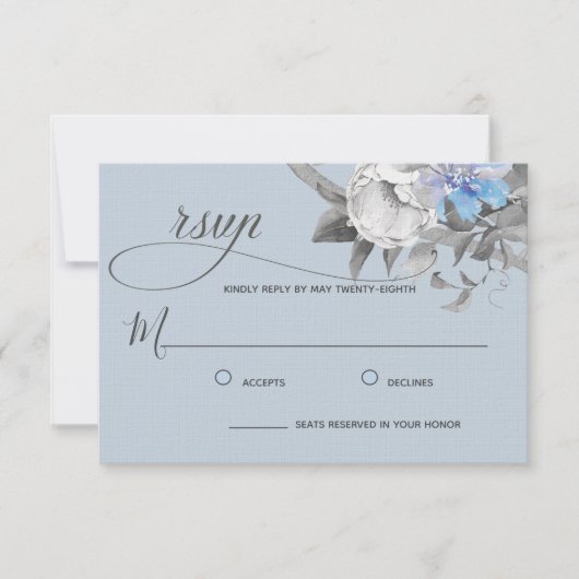 薄い埃っぽい青いフローラ書道の水色 出欠カード (正面)