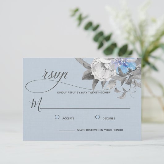 薄い埃っぽい青いフローラ書道の水色 出欠カード (スタンド正面)