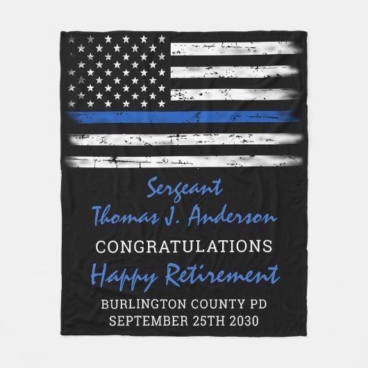薄い擦り切れた青い線の警パーソナライズされた察の退職 フリースブランケット (正面)