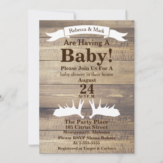 薄い木素朴目と白いムース〔雄ジカの〕枝角リボン 招待状 (正面)