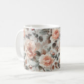 薄い灰色に灰色葉の花を付けたクリーム コーヒーマグカップ (正面左)
