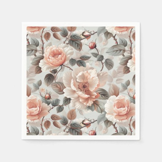 薄い灰色に灰色葉の花を付けたクリーム スタンダードカクテルナプキン (正面)