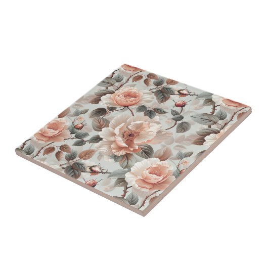 薄い灰色に灰色葉の花を付けたクリーム タイル (側面)