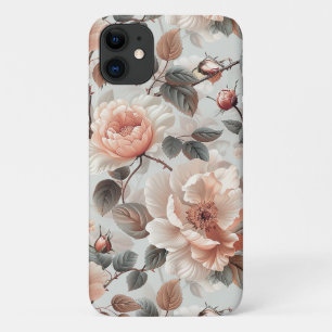 薄い灰色に灰色葉の花を付けたクリーム iPhone 11 ケース