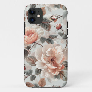薄い灰色に灰色葉の花を付けたクリーム iPhone 11 ケース