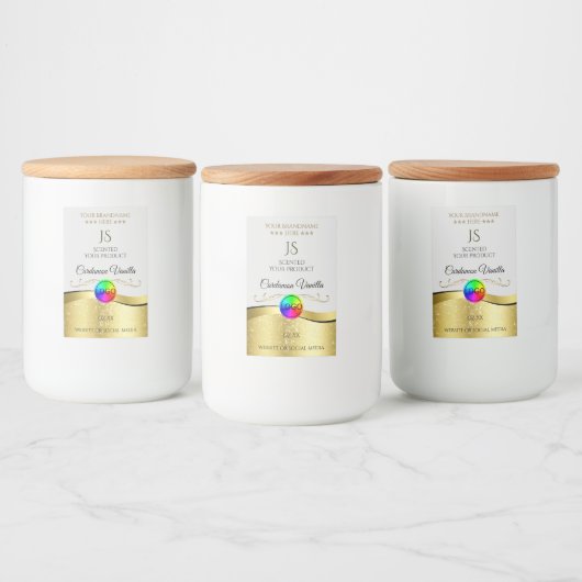 薄い灰色のロゴのモノグラムラベル上の波状金ゴールドデコール フードラベル (ボトル)