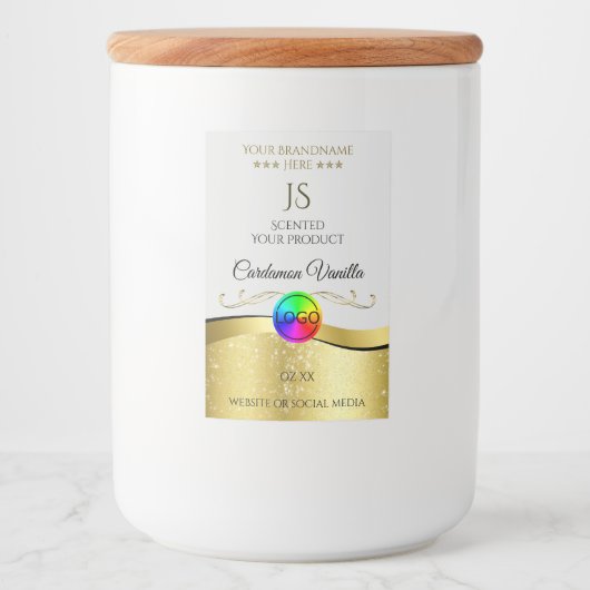 薄い灰色のロゴのモノグラムラベル上の波状金ゴールドデコール フードラベル (正面)