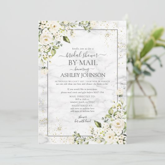 薄い灰色の白いフローラ金ゴールド大理石シャワーバイメール 招待状 (スタンド正面)
