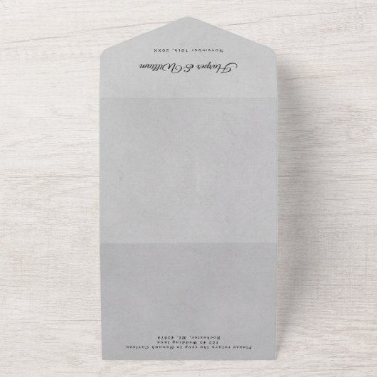 薄い灰色の白い線の美結婚術の花 オールインワン招待状 (外側)