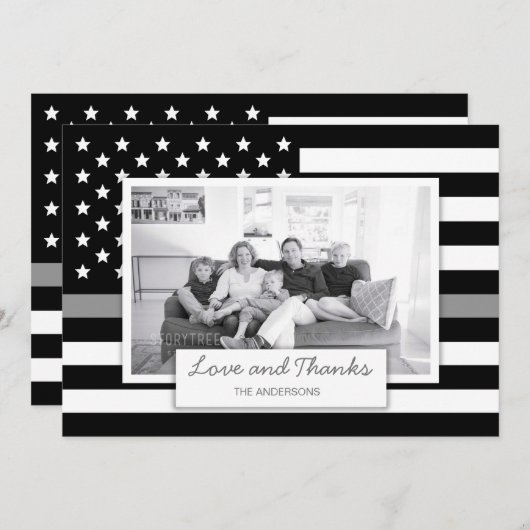 薄い灰色の線のアメリカ国旗写真 サンキューカード (正面/裏面)