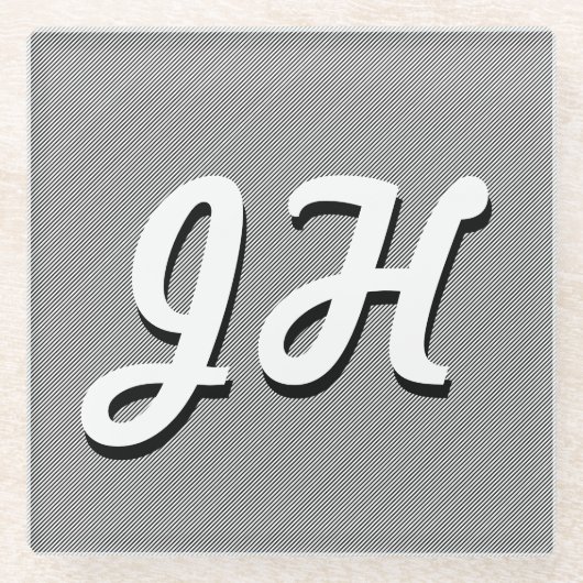 薄い白黒のストライプ |レトロスタイルのイニシャル ガラスコースター (正面)