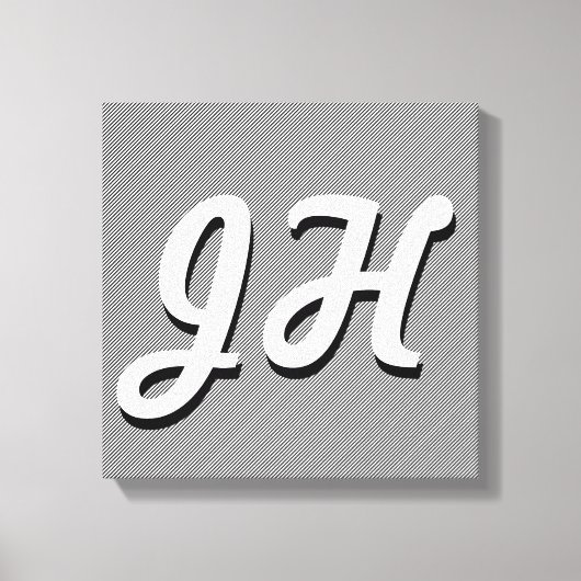 薄い白黒のストライプ |レトロスタイルのイニシャル キャンバスプリント (正面)