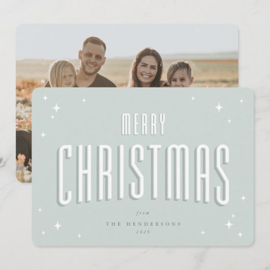 薄い緑のクリスマスツリー　レトロな星　フラット　フォト シーズンカード (正面/裏面)