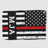 薄い赤いラインパーソナライズされたモノグラム消防士 ゴルフタオル (横)