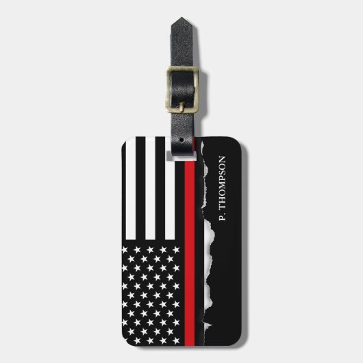 薄い赤い線のアメリカ国旗を引きパーソナライズされた裂く ラゲッジタグ (正面縦)
