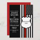 薄い赤い線のバッジ写真の挿入 招待状 (正面/裏面)