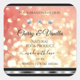 薄い赤と金ゴールドグリッター製品ラベルのダイヤモンド スクエアシール