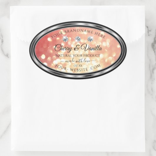 薄い赤と金ゴールドグリッター製品ラベルのダイヤモンド 楕円形シール (バッグ)