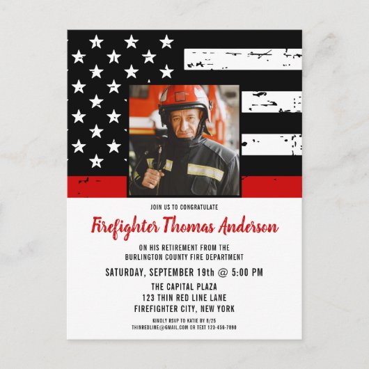 薄い赤線の写真消防士の退職パーティー インビテーションポストカード (正面)